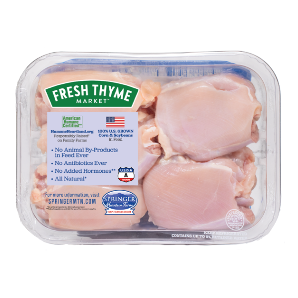 slide 1 of 1, Springer Mountain Farms Fresh Thyme Antibiotic Free Boneless Skinless Chicken Thighs, per lb