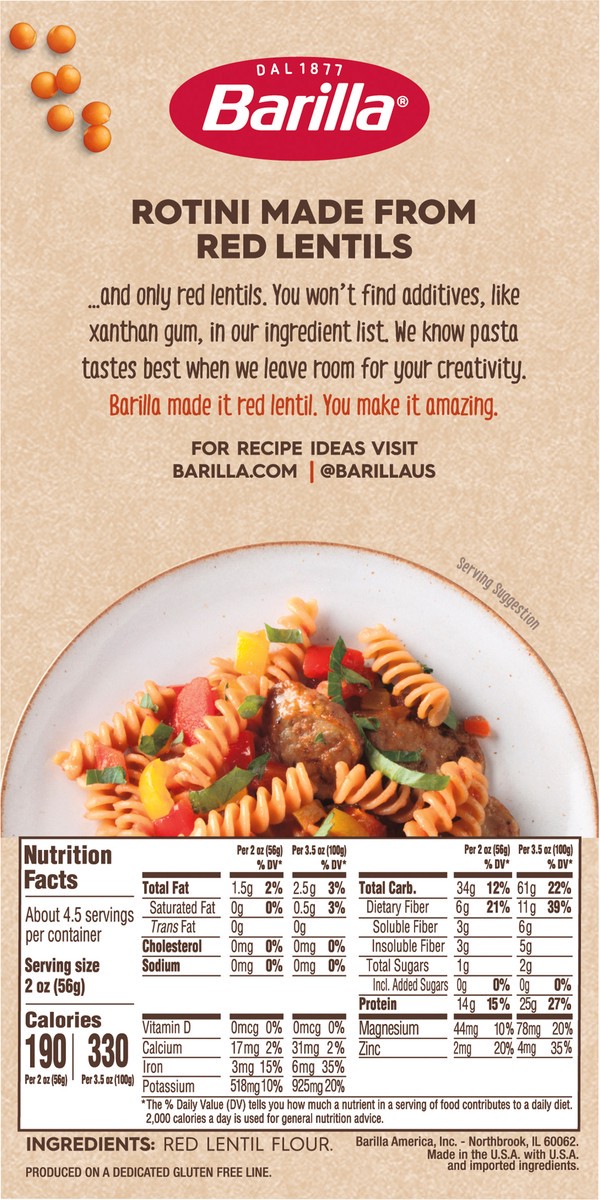 slide 5 of 9, Barilla Red Lentil Rotini Pasta, 8.8 oz