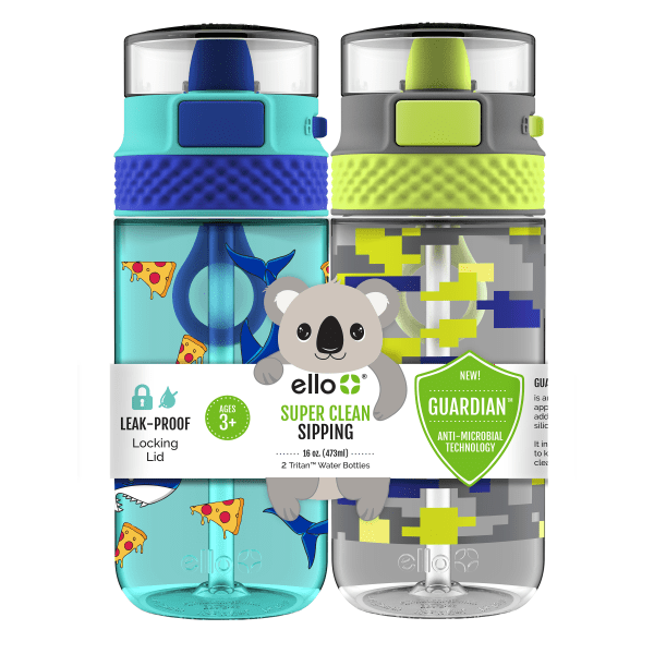 Ello Stratus Kids Tritan Water Bottles, 16 Oz, Camo/Sharks, Set Of 2 Bottles  1 ct