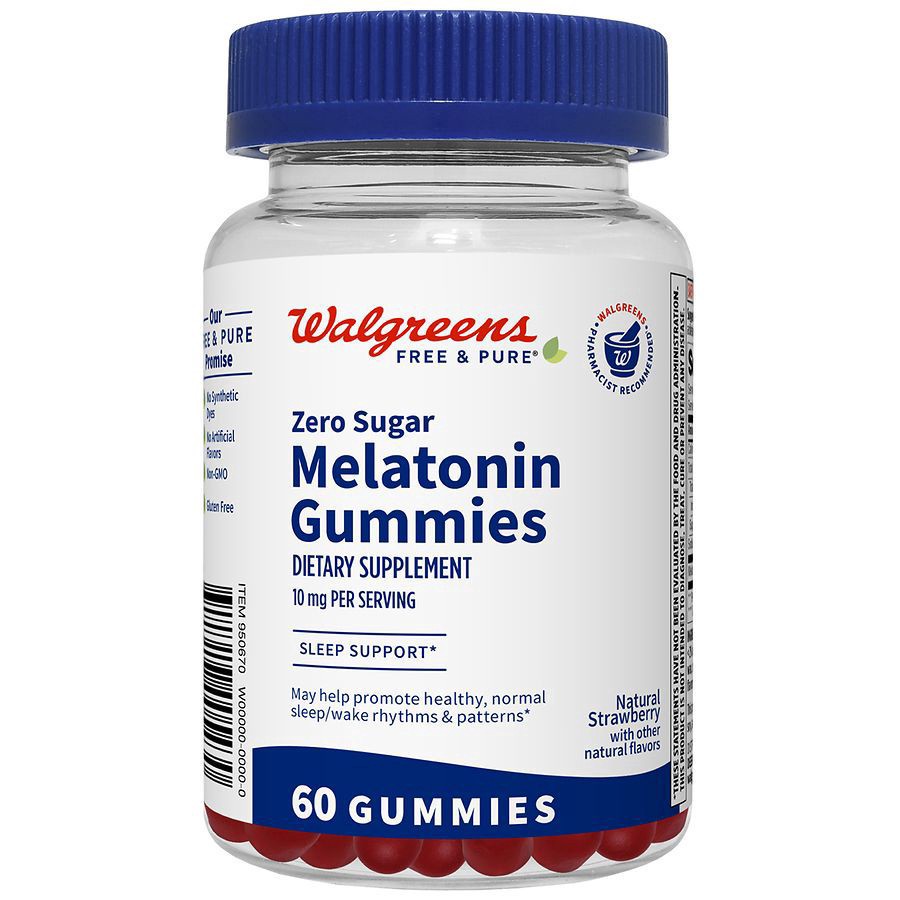 slide 1 of 5, Walgreens Free & Pure Zero Sugar Melatonin Gummies 10mg, 60 ct