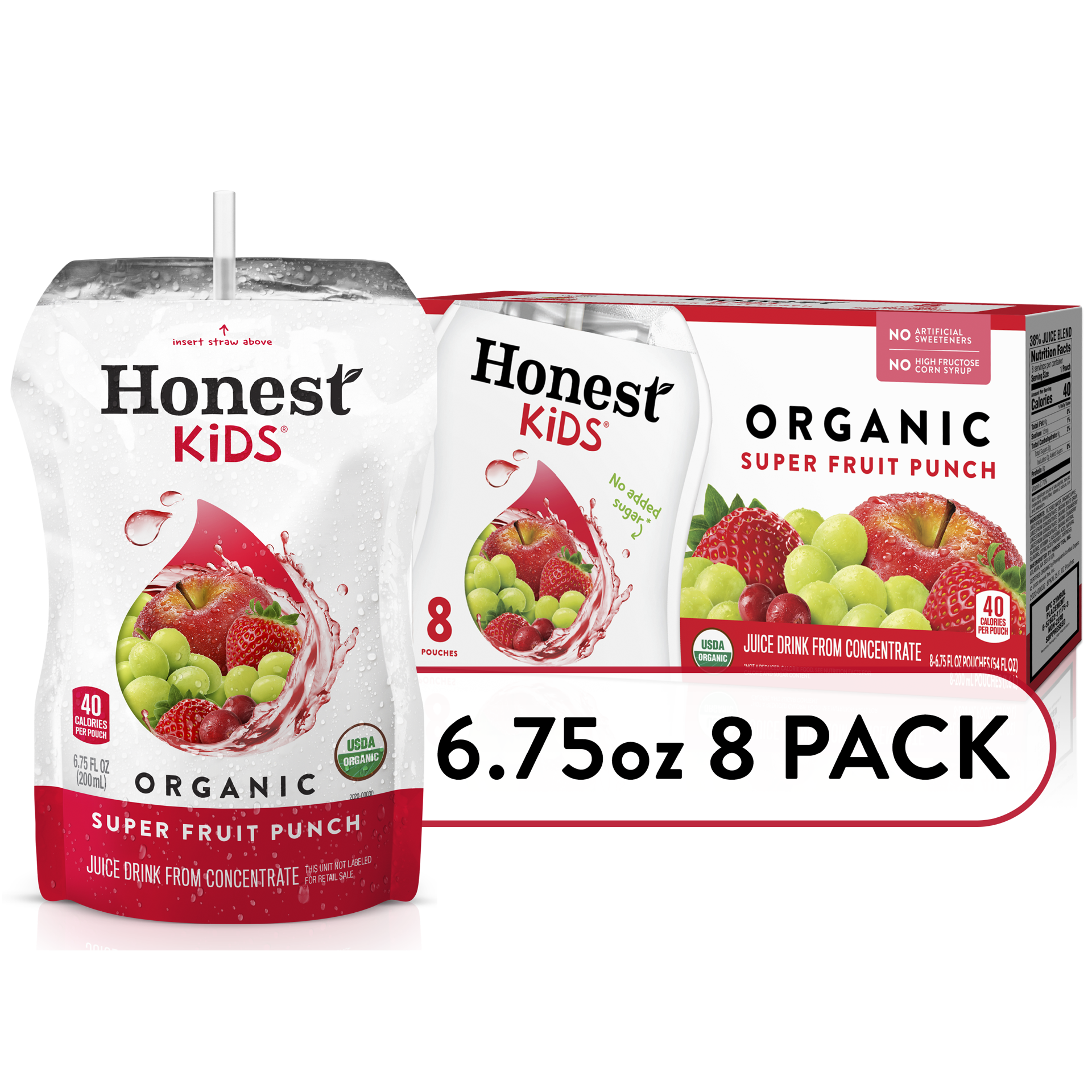 slide 1 of 9, Honest Kids Super Fruit Punch Organic Fruit Juice, 6.75 fl oz, 8 Pack, 54 fl oz