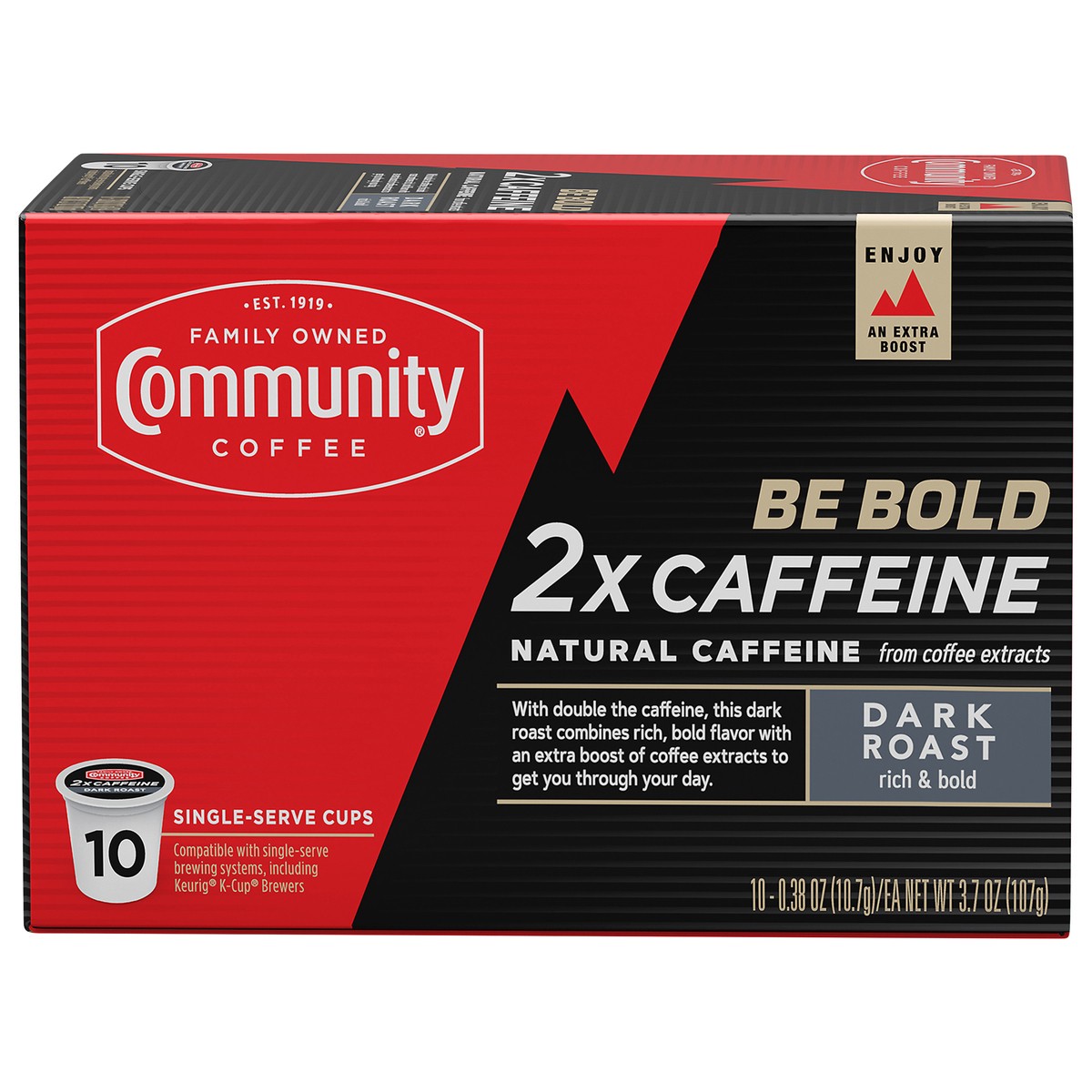 slide 2 of 9, Community Coffee Singe-Serve Cups Dark Roast 2x Caffeine Coffee 10 ea, 10 ct
