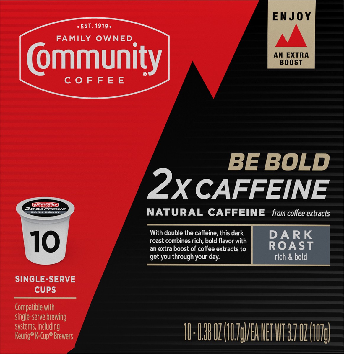 slide 3 of 9, Community Coffee Singe-Serve Cups Dark Roast 2x Caffeine Coffee 10 ea, 10 ct