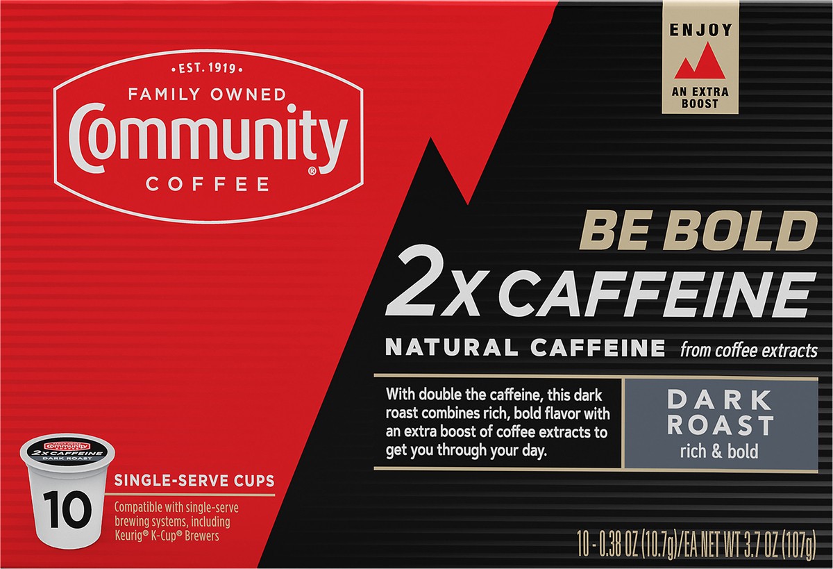 slide 1 of 9, Community Coffee Singe-Serve Cups Dark Roast 2x Caffeine Coffee - 10 ct, 10 ct