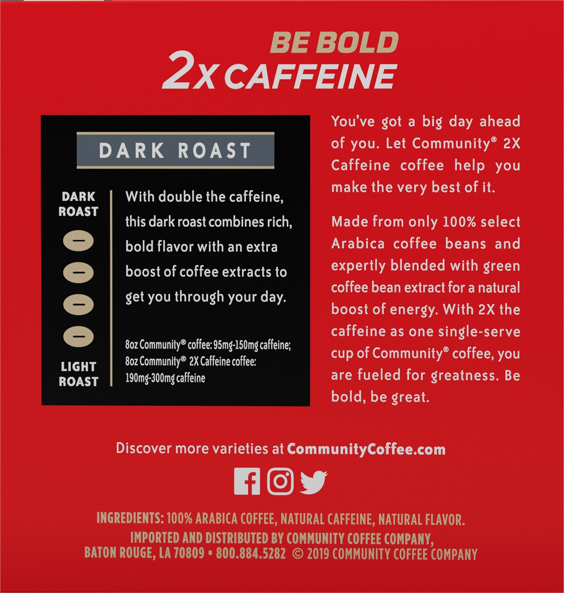 slide 7 of 9, Community Coffee Singe-Serve Cups Dark Roast 2x Caffeine Coffee 10 ea, 10 ct