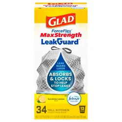 Glad ForceFlex MaxStrength LeakGuard Tall Kitchen Drawstring Trash Bags, 13 Gallon, Sunshine Lemon Scent with Febreze Freshness, 34 Count