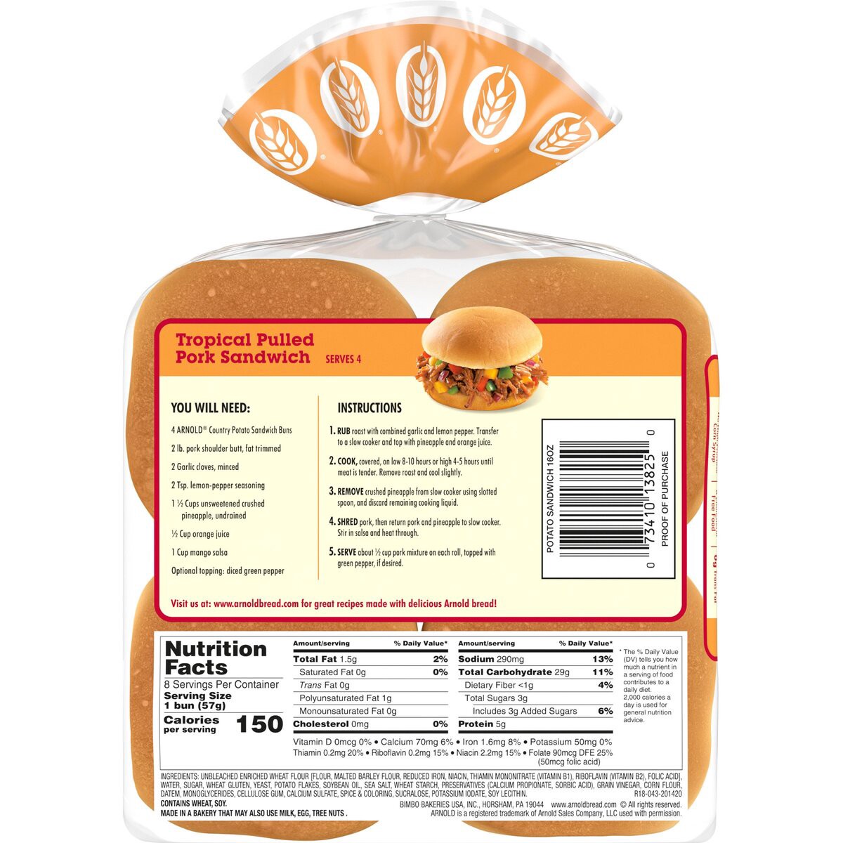 slide 5 of 6, Arnold Potato Buns, 8 count, Hamburger Buns, 16 oz Bag, 8 ct