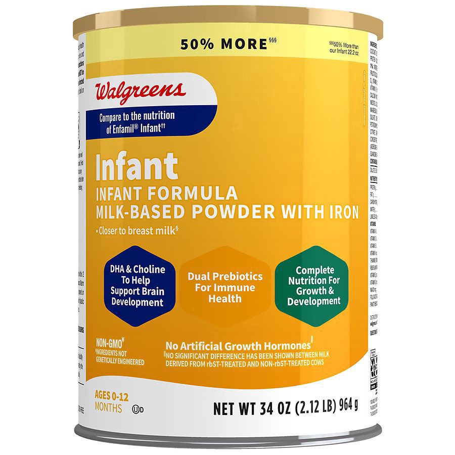 slide 1 of 1, Walgreens Infant Milk-Based Baby Formula Powder with Iron, Dual Prebiotics, and Choline, 34 oz