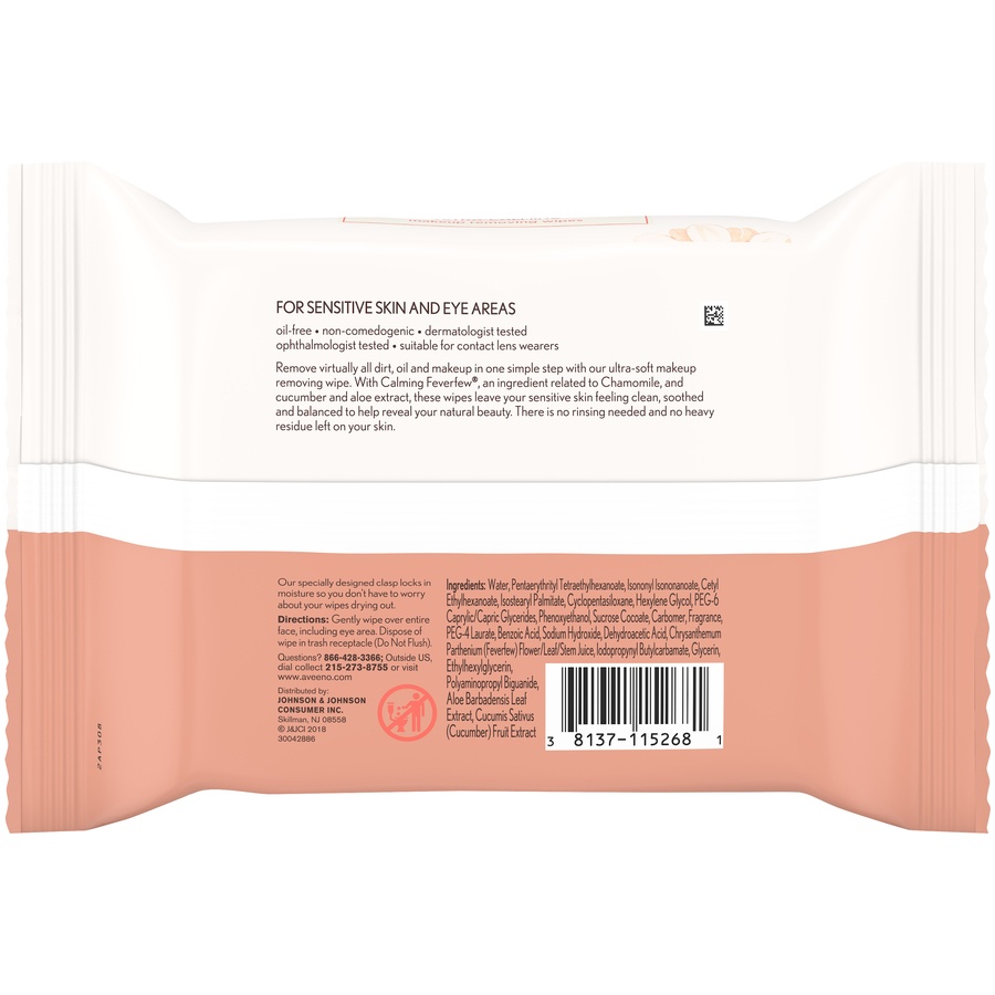 slide 2 of 6, Aveeno Ultra-Calming Makeup Removing Facial Cleansing Wipes with Calming Feverfew Extract, Oil-Free Soothing Face Wipes for Sensitive Skin, Nourishing, Gentle & Non-Comedogenic, 25 ct