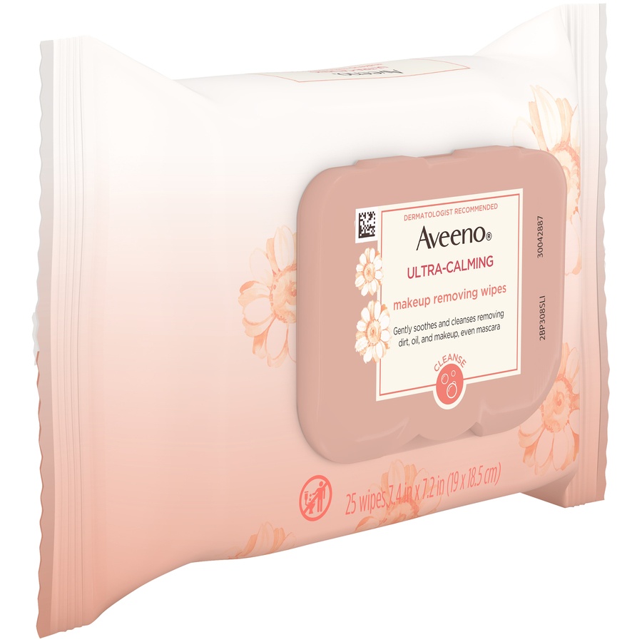 slide 3 of 6, Aveeno Ultra-Calming Makeup Removing Facial Cleansing Wipes with Calming Feverfew Extract, Oil-Free Soothing Face Wipes for Sensitive Skin, Nourishing, Gentle & Non-Comedogenic, 25 ct