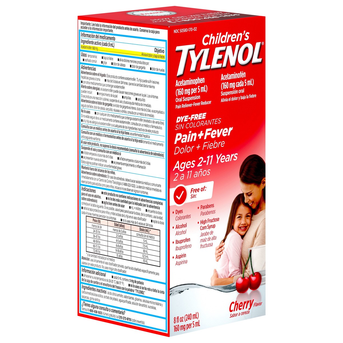 slide 2 of 8, Children's Tylenol Liquid Pain Relief & Fever Medicine, Oral Suspension, Dye-Free, Acetaminophen, Aspirin-Free, Ibuprofen-Free, High Fructose Corn Syrup-Free; Cherry Flavor, 8 fl. oz.; Pack of 1, 8 fl oz