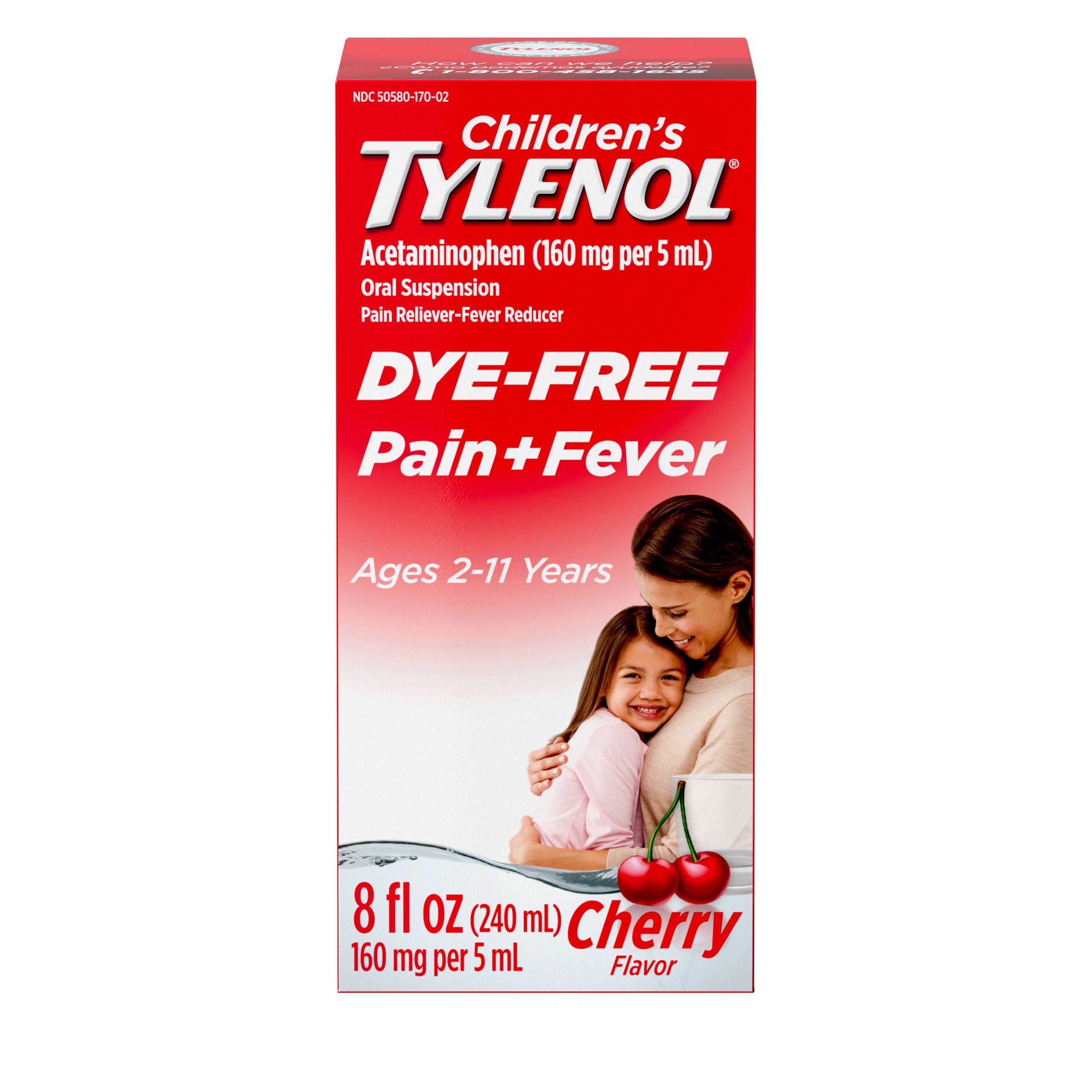 slide 1 of 8, Children's Tylenol Liquid Pain Relief & Fever Medicine, Oral Suspension, Dye-Free, Acetaminophen, Aspirin-Free, Ibuprofen-Free, High Fructose Corn Syrup-Free; Cherry Flavor, 8 fl. oz.; Pack of 1, 8 fl oz