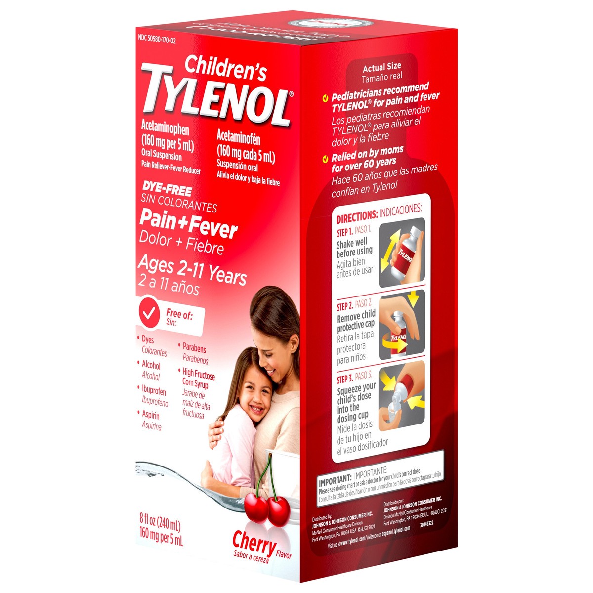 slide 3 of 8, Children's Tylenol Liquid Pain Relief & Fever Medicine, Oral Suspension, Dye-Free, Acetaminophen, Aspirin-Free, Ibuprofen-Free, High Fructose Corn Syrup-Free; Cherry Flavor, 8 fl. oz.; Pack of 1, 8 fl oz