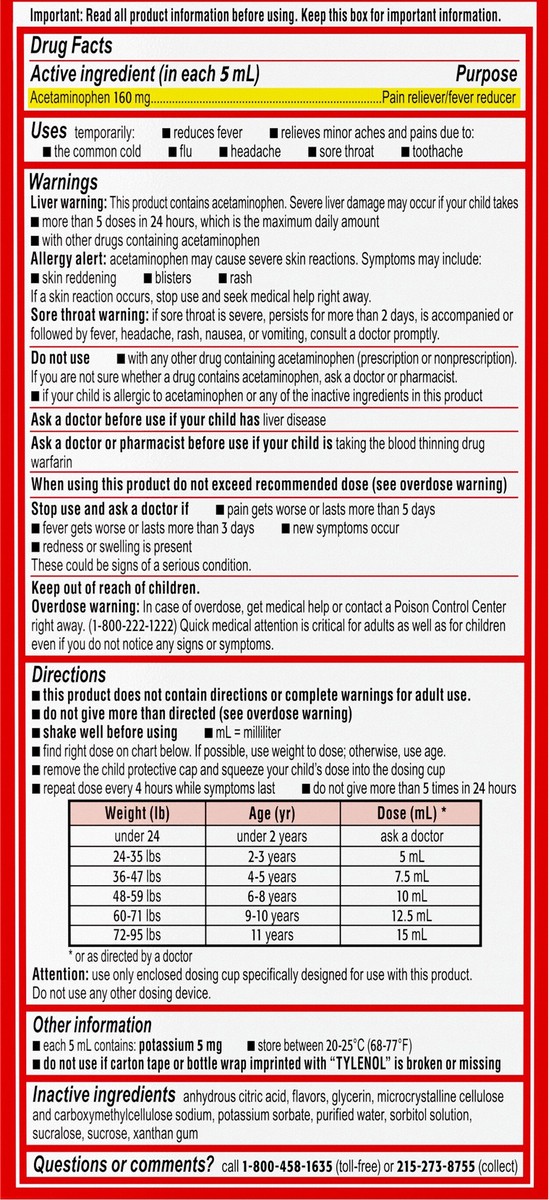 slide 6 of 8, Children's Tylenol Liquid Pain Relief & Fever Medicine, Oral Suspension, Dye-Free, Acetaminophen, Aspirin-Free, Ibuprofen-Free, High Fructose Corn Syrup-Free; Cherry Flavor, 8 fl. oz.; Pack of 1, 8 fl oz