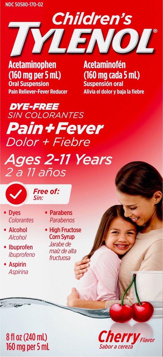 slide 4 of 8, Children's Tylenol Liquid Pain Relief & Fever Medicine, Oral Suspension, Dye-Free, Acetaminophen, Aspirin-Free, Ibuprofen-Free, High Fructose Corn Syrup-Free; Cherry Flavor, 8 fl. oz.; Pack of 1, 8 fl oz