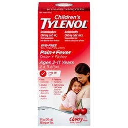 Children's Tylenol Liquid Pain Relief & Fever Medicine, Oral Suspension, Dye-Free, Acetaminophen, Aspirin-Free, Ibuprofen-Free, High Fructose Corn Syrup-Free; Cherry Flavor, 8 fl. oz.; Pack of 1