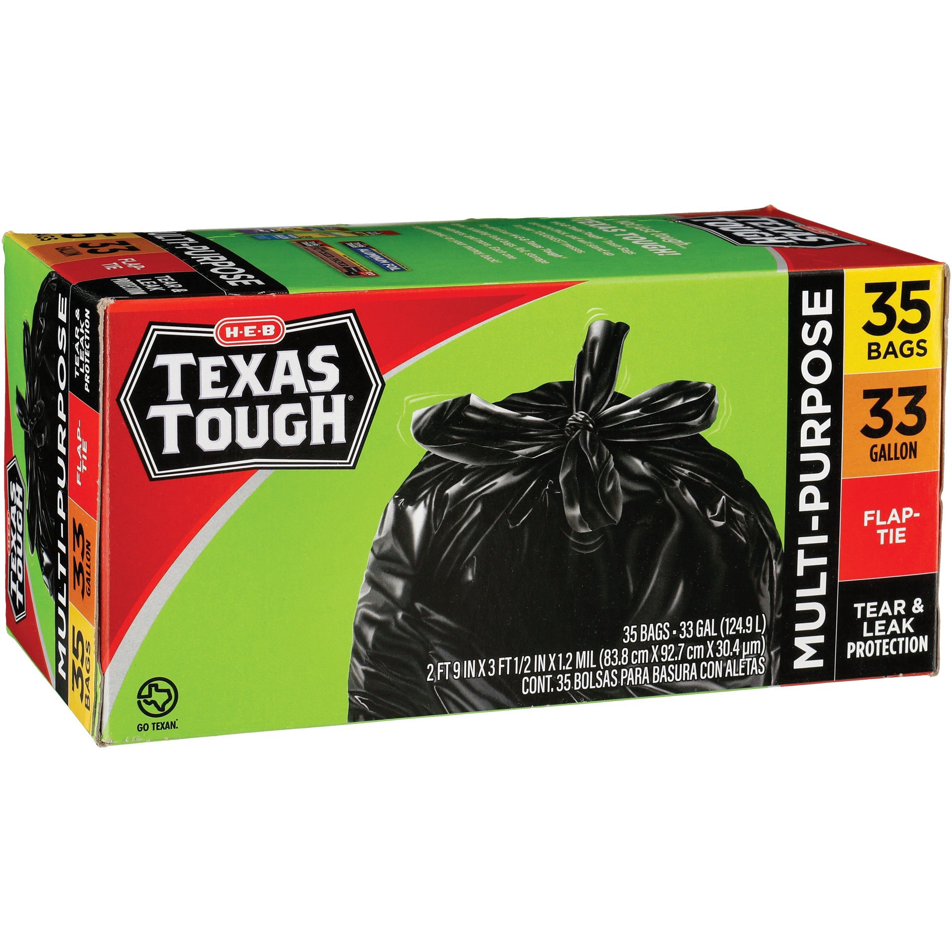 slide 1 of 1, H-E-B Texas Tough Large Multipurpose Flap Tie Trash Bags, 33 Gallon, 35 ct