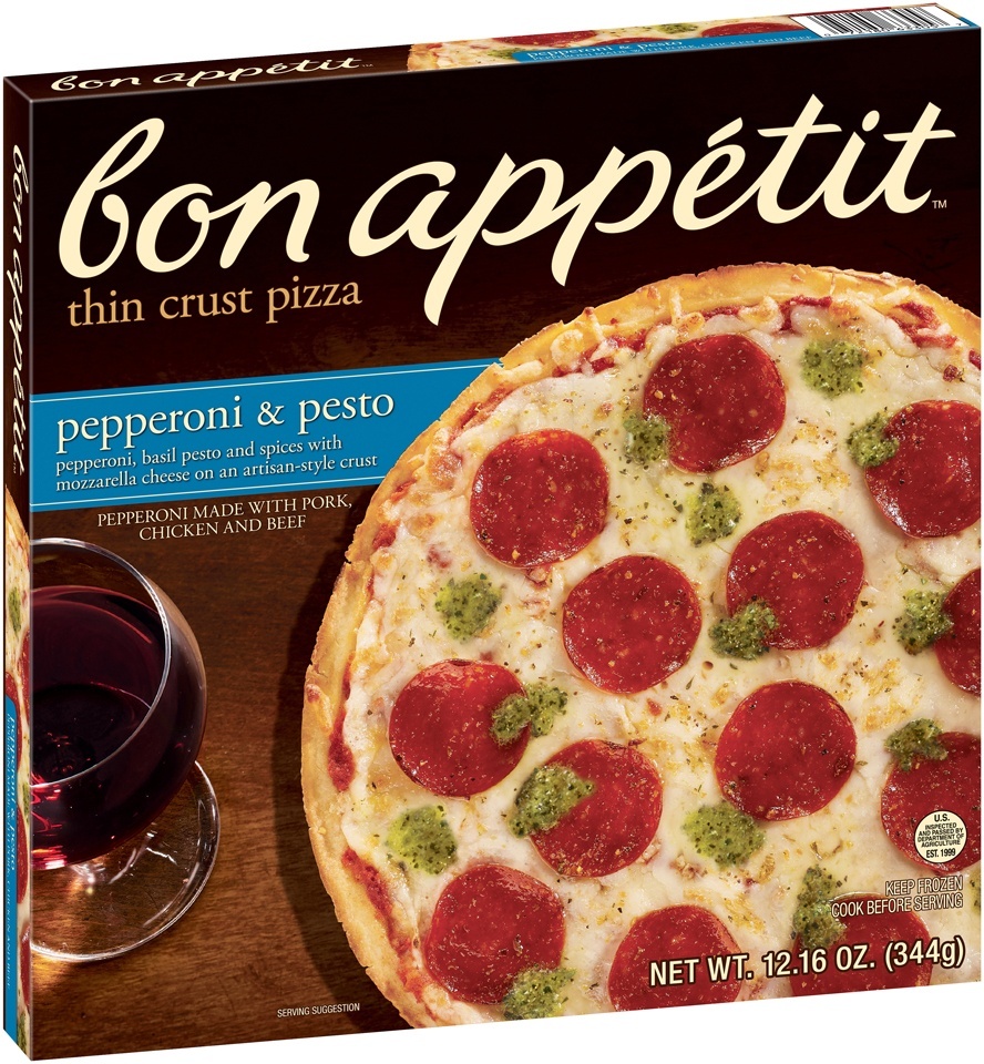 slide 1 of 1, Bon Appetit Pepperoni & Pesto Thin Crust Pizza, 12.16 oz