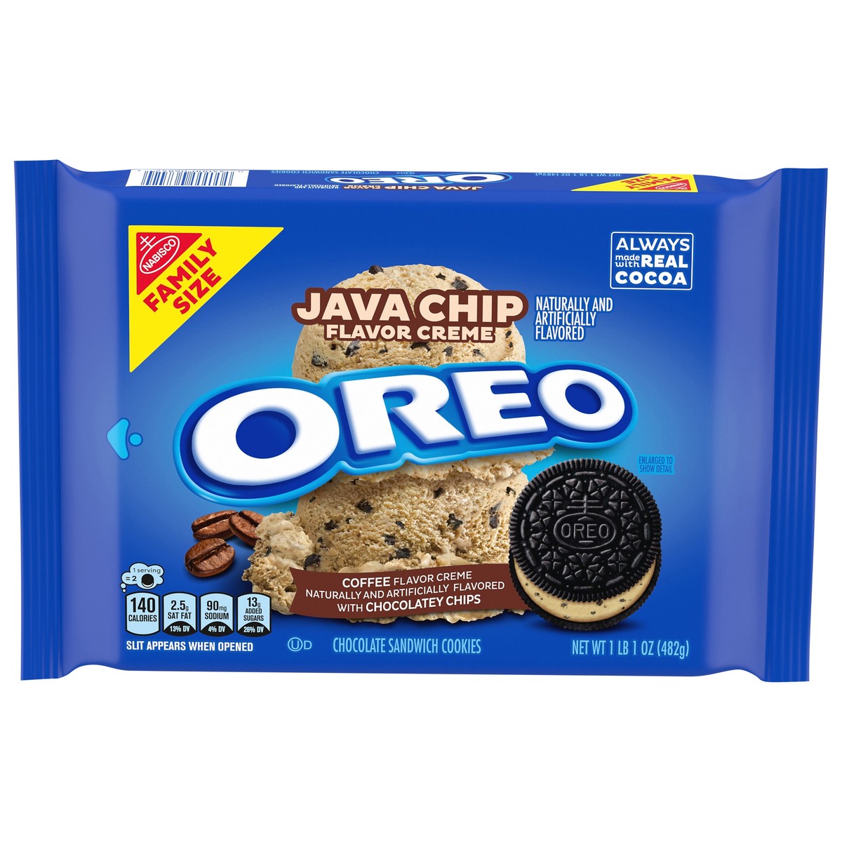 slide 1 of 9, OREO Java Chip Creme Chocolate Sandwich Cookies, Family Size, 17 oz, 17 oz