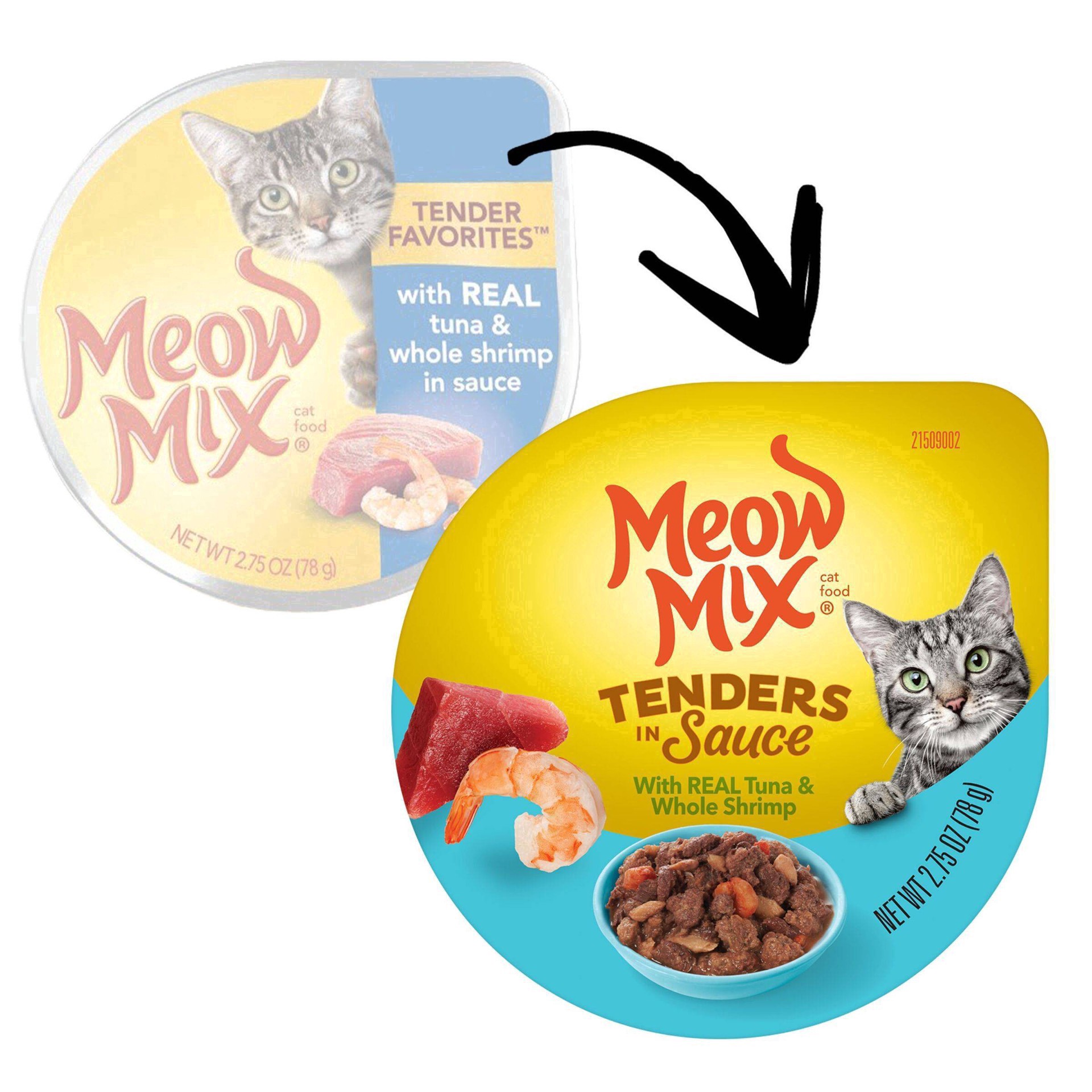 slide 14 of 59, Meow Mix Tenders in Sauce Wet Cat Food With REAL Tuna & Whole Shrimp, 2.75 Oz. Cup (Packaging And Formulation Updates Underway), 2.7 oz