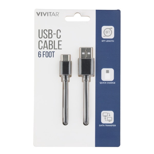 slide 1 of 2, Vivitar Usb-A To Usb-C Cable, 6', Black, Nil4006-Blk-Stk-24, 1 ct