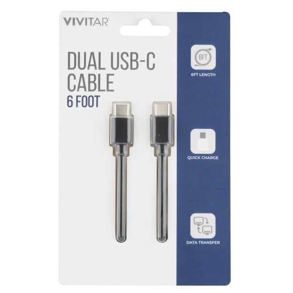 slide 1 of 1, Vivitar Dual Usb-C Charging Cable, 6', Black, Nil3006-Blk-Stk-24, 1 ct