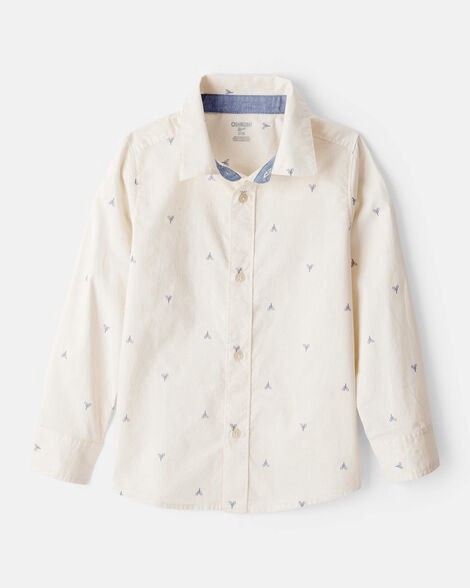 slide 1 of 2, Boys Printed Cotton Long-Sleeve Button-Down Shirt - Ivory Ivory 5, 1 ct