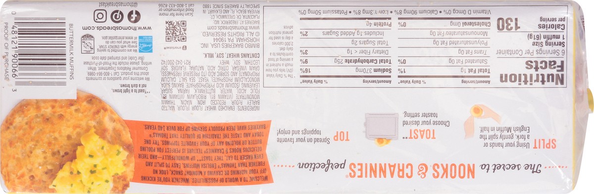 slide 3 of 9, Thomas' Buttermilk English Muffins, 6 count, 13 oz, 6 ct