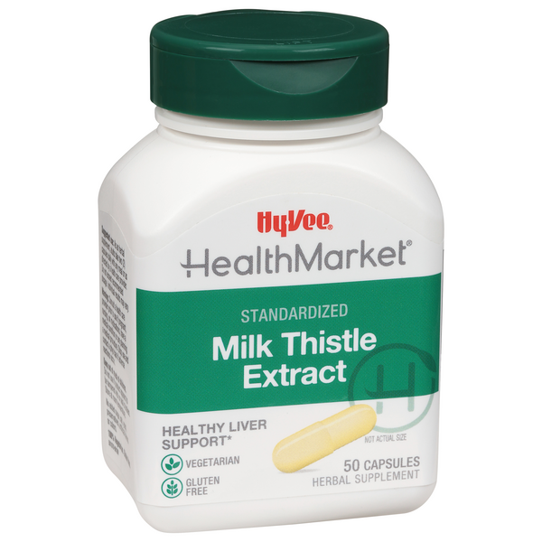 slide 1 of 1, Hy-Vee HealthMarket Milk Thistle Extract Dietary Supplement Vegetarian Capsules, 50 ct