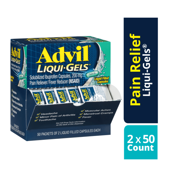 slide 4 of 5, Advil Liqui-Gels minis Pain Reliever and Fever Reducer, Ibuprofen 200mg - 50 Packets of 2, 50 ct