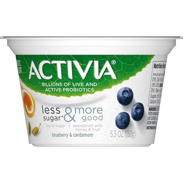 slide 1 of 1, Activia Less Sugar & More Good, Blueberry & Cardamom Probiotic Yogurt, 5.3 oz