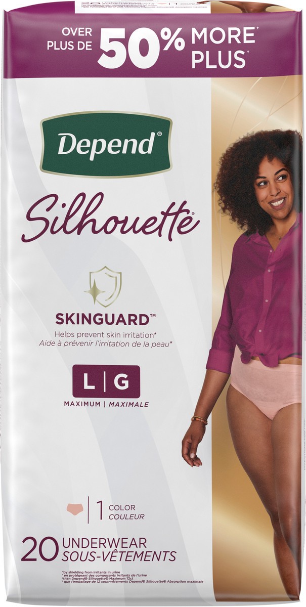slide 7 of 11, Depend Silhouette Adult Incontinence & Postpartum Bladder Leak Underwear for Women, Maximum Absorbency, Large, Pink, 20 Count, 20 ct