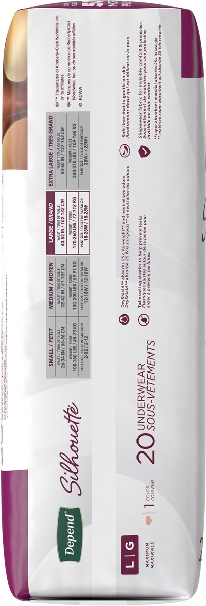 slide 11 of 11, Depend Silhouette Adult Incontinence & Postpartum Bladder Leak Underwear for Women, Maximum Absorbency, Large, Pink, 20 Count, 20 ct