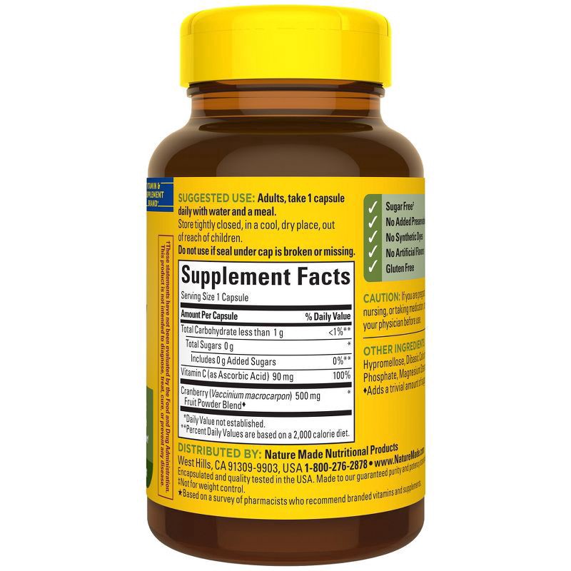 slide 6 of 8, Nature Made Cranberry Supplement 500mg with Vitamin C for Immune & Antioxidant Support, Cranberry Blend for Urinary Tract Health, One Per Day, 60 Capsules, 60 ct