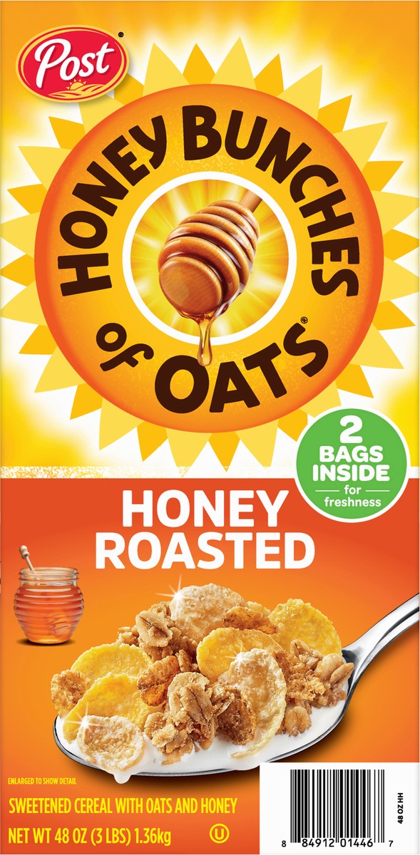 slide 8 of 13, Post Honey Bunches of Oats Honey Roasted, Heart Healthy, Low Fat, made with Whole Grain Cereal, 48 Ounce, 48 oz