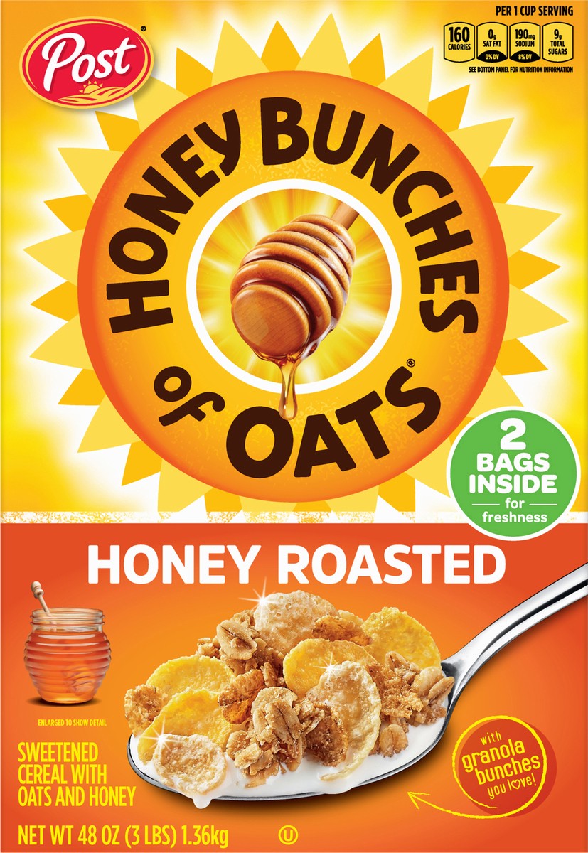 slide 12 of 13, Post Honey Bunches of Oats Honey Roasted, Heart Healthy, Low Fat, made with Whole Grain Cereal, 48 Ounce, 48 oz