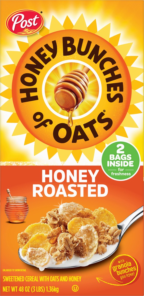 slide 9 of 13, Post Honey Bunches of Oats Honey Roasted, Heart Healthy, Low Fat, made with Whole Grain Cereal, 48 Ounce, 48 oz