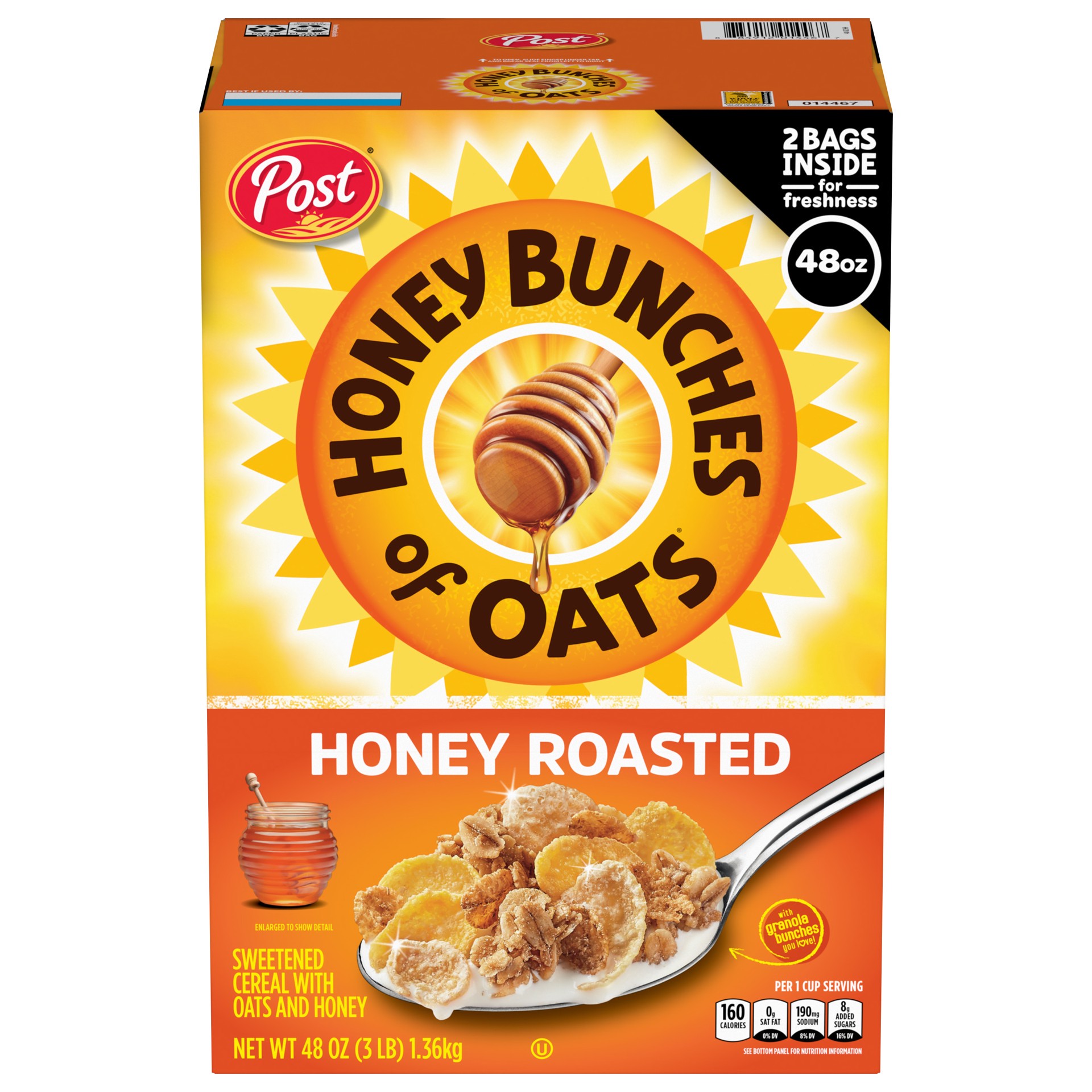 slide 1 of 13, Post Honey Bunches of Oats Honey Roasted, Heart Healthy, Low Fat, made with Whole Grain Cereal, 48 Ounce, 48 oz