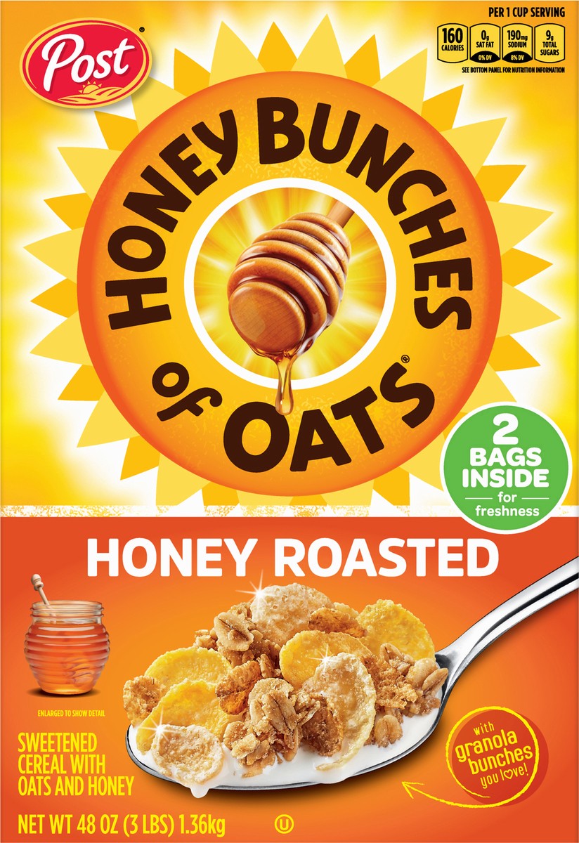 slide 7 of 13, Post Honey Bunches of Oats Honey Roasted, Heart Healthy, Low Fat, made with Whole Grain Cereal, 48 Ounce, 48 oz