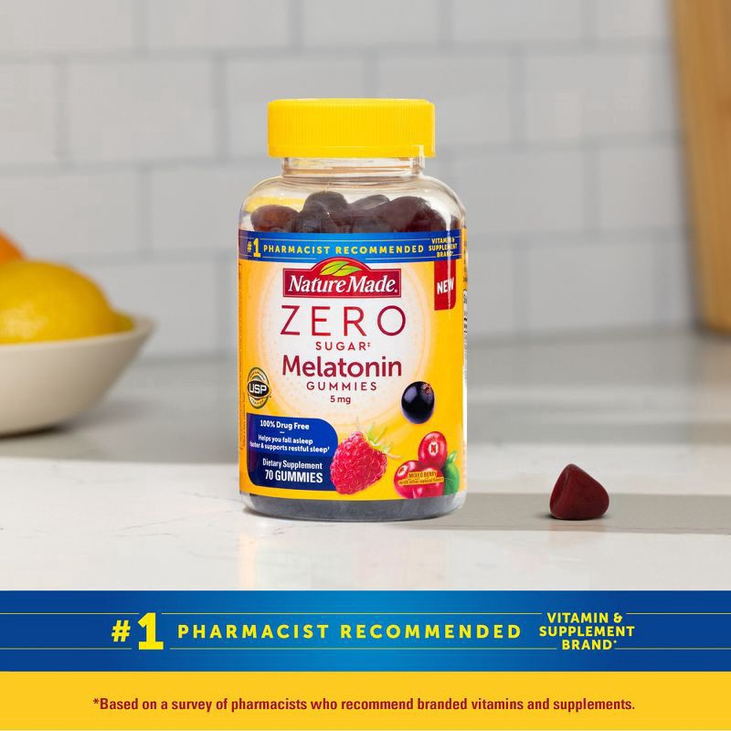 slide 5 of 9, Nature Made Zero Sugar Melatonin Gummies 5mg, Sugar Free Sleep Aid, 70 Count, 70 ct