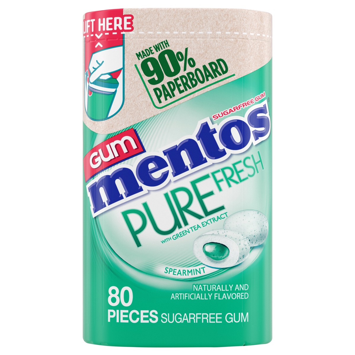 slide 1 of 1, Mentos Pure Fresh Sugar-Free Chewing Gum, Xylitol, Spearmint Flavor, 80 Piece Paperboard Bottle, 80 ct