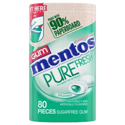 Mentos Pure Fresh Sugar-Free Chewing Gum, Xylitol, Spearmint Flavor, 80 Piece Paperboard Bottle