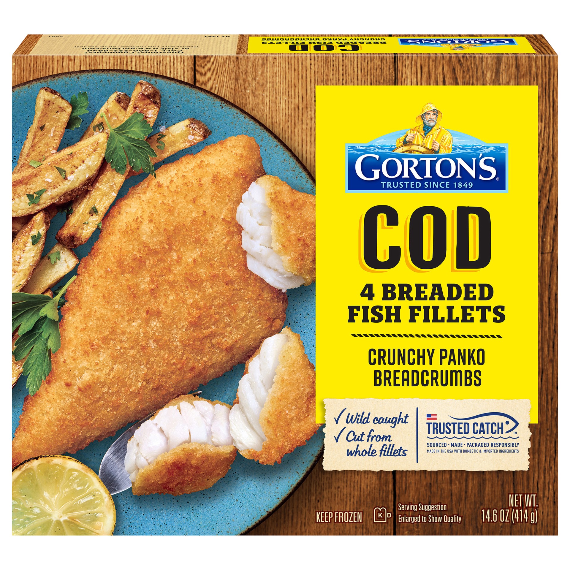 slide 7 of 9, Gorton's Gorton''s Breaded Fish Fillets, Wild Caught Cod with Crunchy Panko Breadcrumbs, Frozen, 4 Count, 14.6 Ounce Package, 14.6 oz