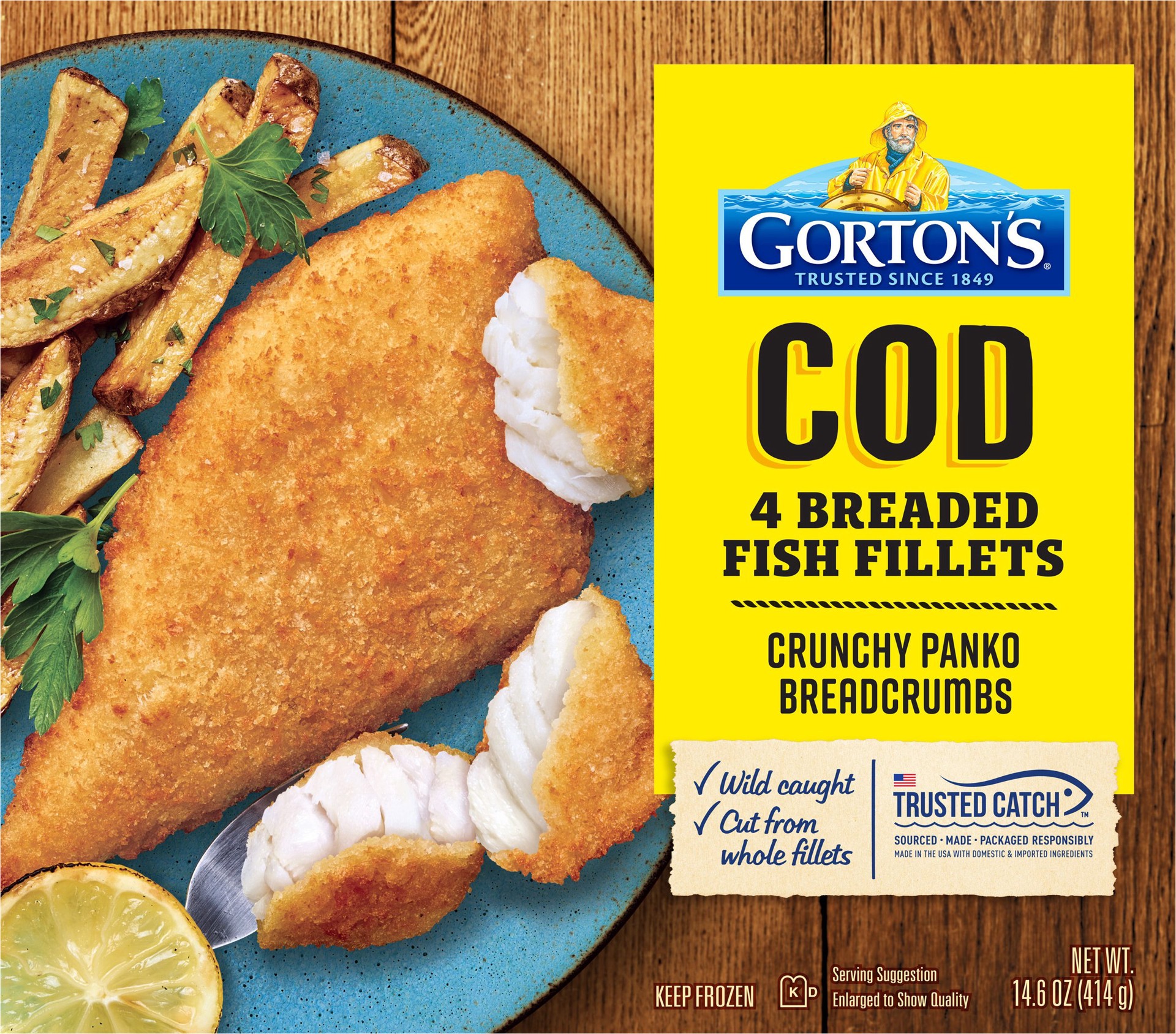 slide 1 of 9, Gorton's Gorton''s Breaded Fish Fillets, Wild Caught Cod with Crunchy Panko Breadcrumbs, Frozen, 4 Count, 14.6 Ounce Package, 14.6 oz