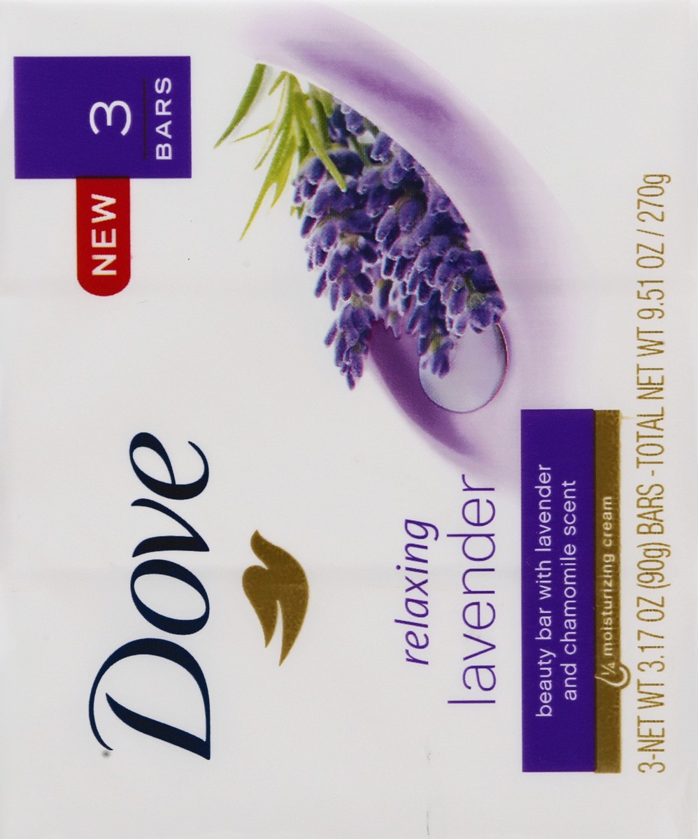 slide 4 of 9, Dove Beauty Bar Gentle Skin Cleanser Relaxing Lavender, 3.17 oz, 3 Bars, 3 ct