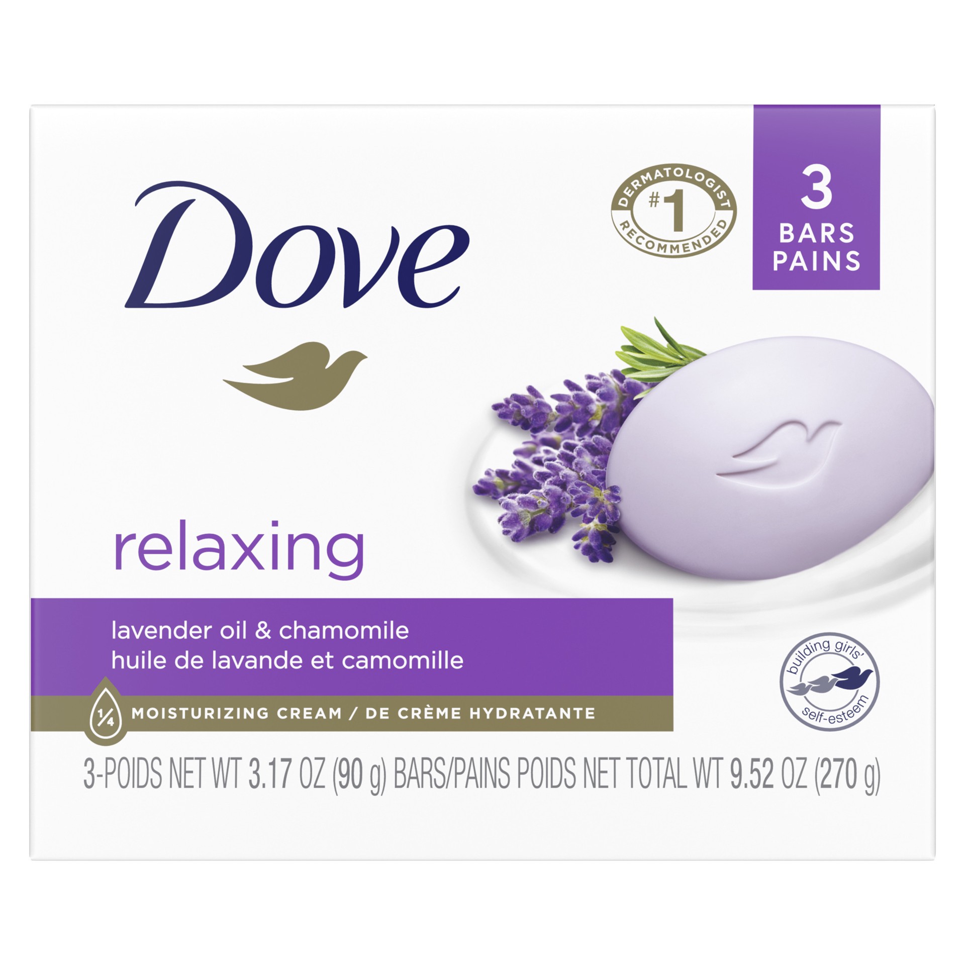 slide 1 of 9, Dove Beauty Bar Gentle Skin Cleanser Relaxing Lavender, 3.17 oz, 3 Bars, 3 ct