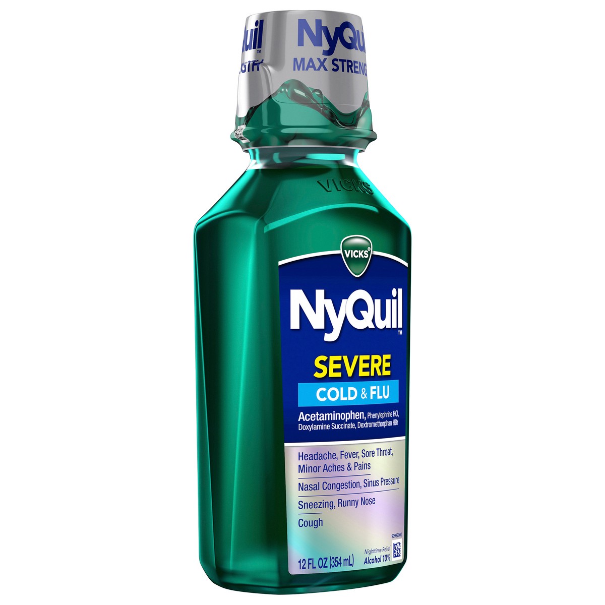 slide 2 of 9, Vicks NyQuil SEVERE Cold & Flu Relief Liquid Over-the-Counter Medicine, Powerful, Multi-Symptom Nighttime Relief for Headache, Fever, Sore Throat, Minor Aches and Pains, Nasal Congestion, Sinus Pressure, Sneezing, Runny Nose, and Cough, 12 FL OZ, 12 fl oz