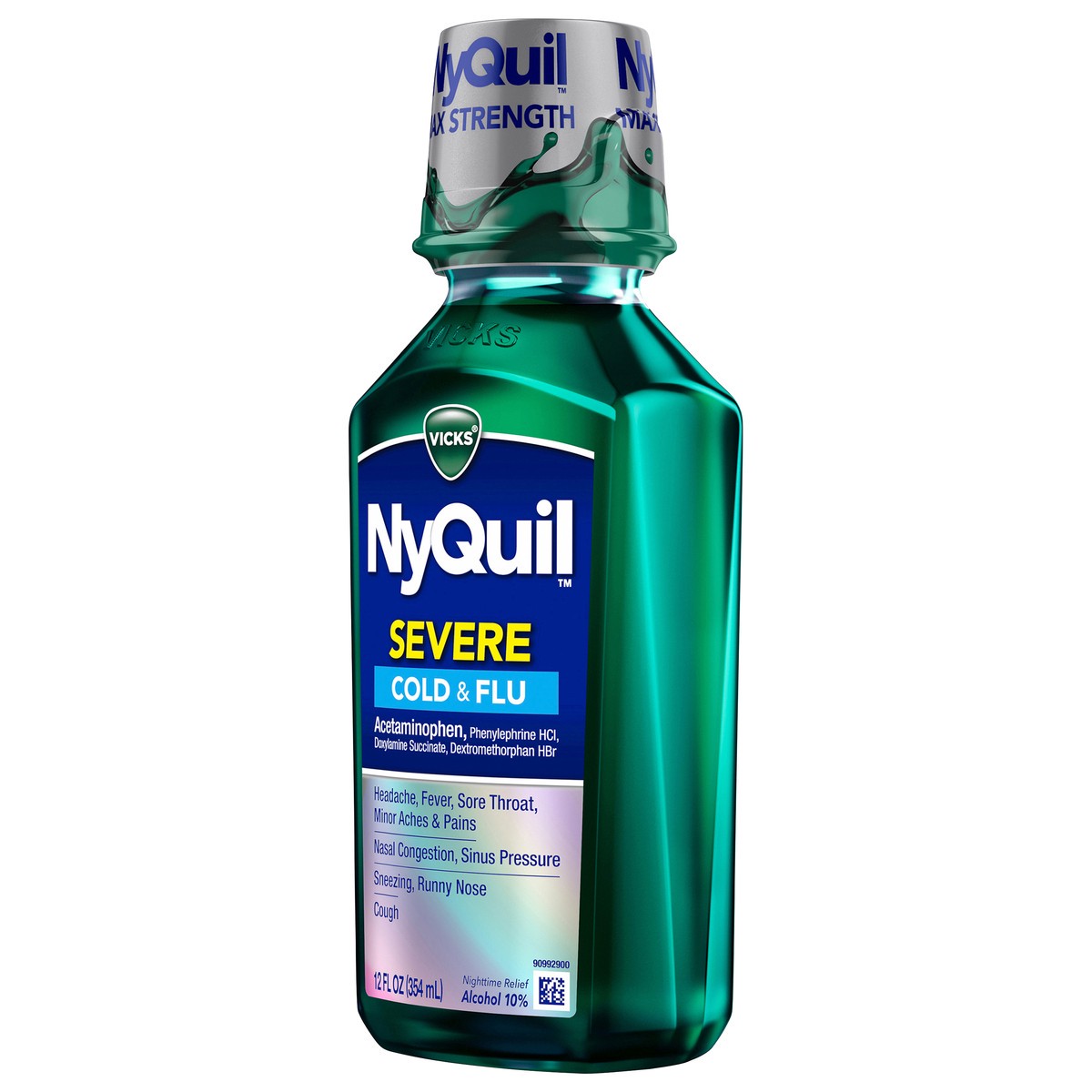 slide 3 of 9, Vicks NyQuil SEVERE Cold & Flu Relief Liquid Over-the-Counter Medicine, Powerful, Multi-Symptom Nighttime Relief for Headache, Fever, Sore Throat, Minor Aches and Pains, Nasal Congestion, Sinus Pressure, Sneezing, Runny Nose, and Cough, 12 FL OZ, 12 fl oz