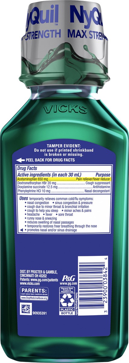 slide 6 of 9, Vicks NyQuil SEVERE Cold & Flu Relief Liquid Over-the-Counter Medicine, Powerful, Multi-Symptom Nighttime Relief for Headache, Fever, Sore Throat, Minor Aches and Pains, Nasal Congestion, Sinus Pressure, Sneezing, Runny Nose, and Cough, 12 FL OZ, 12 fl oz