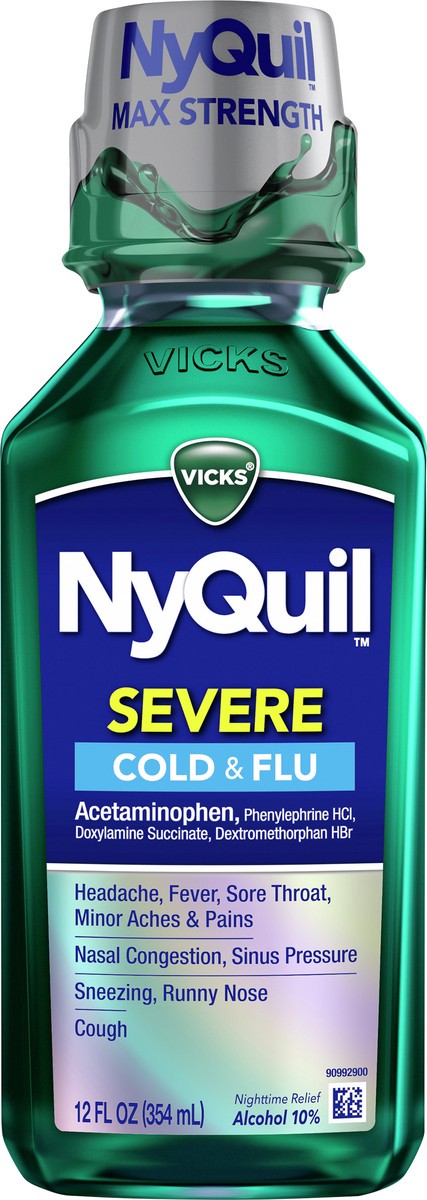 slide 8 of 9, Vicks NyQuil SEVERE Cold & Flu Relief Liquid Over-the-Counter Medicine, Powerful, Multi-Symptom Nighttime Relief for Headache, Fever, Sore Throat, Minor Aches and Pains, Nasal Congestion, Sinus Pressure, Sneezing, Runny Nose, and Cough, 12 FL OZ, 12 fl oz